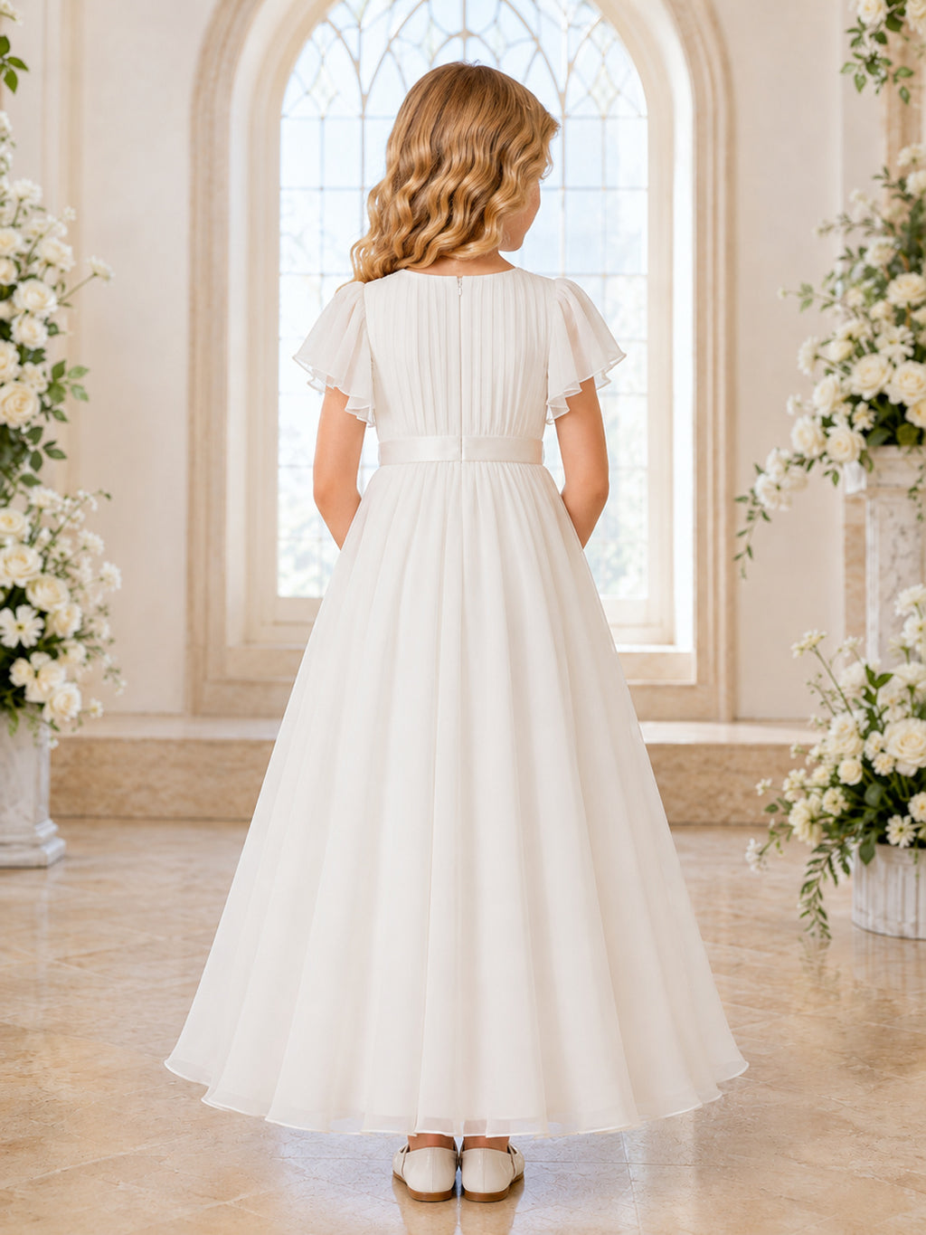 Flutter Sleeve Pleated Tulle Communion Flowergirl Tea Length Dress back view