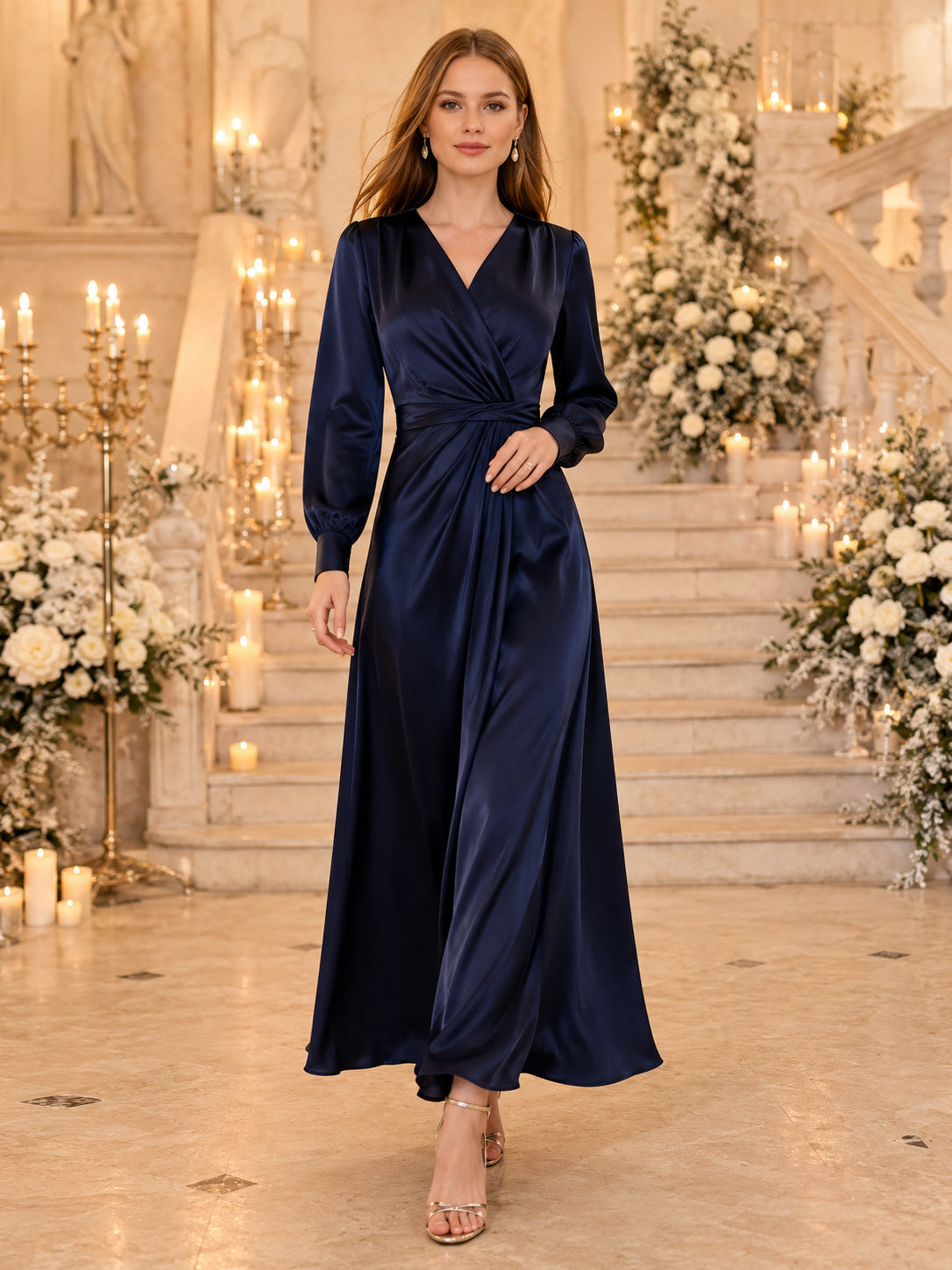 Navy Satin Wrap V Neck Long Sleeve Reception Gown front view
