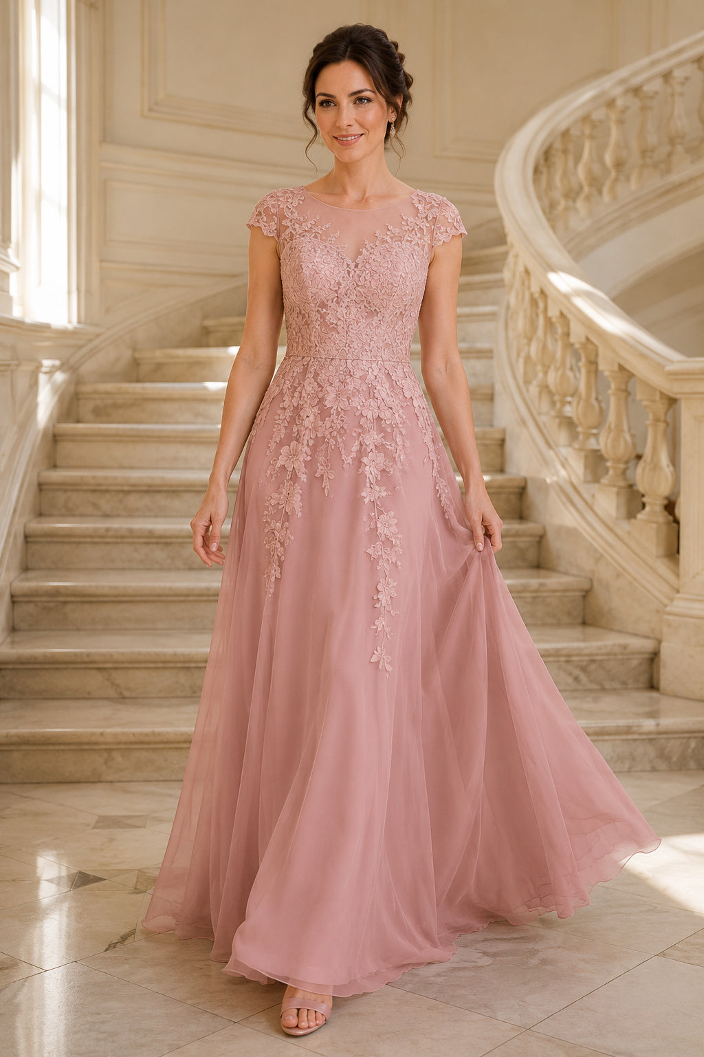 Dusty Rose Cap Sleeve Tulle A-Line Mother Dress Lace Applique for Mother and Formal Events front view