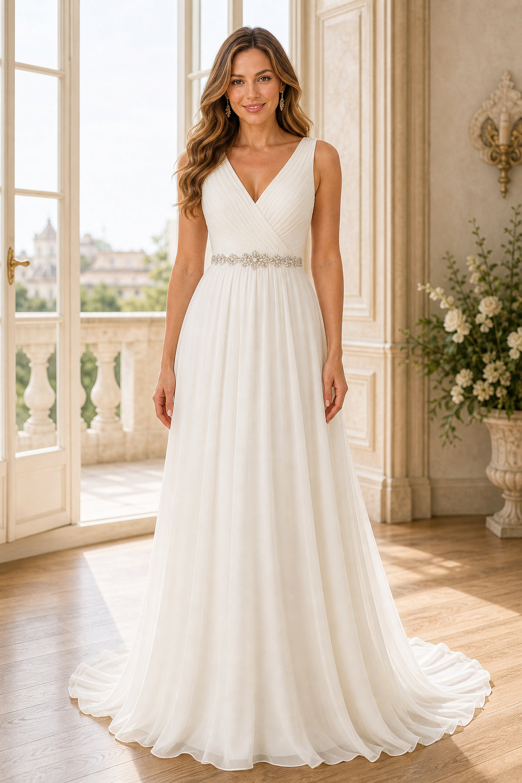 White Square Sheath Chiffon Floor-length Wedding Dress With Open Back and Lace Bodice and Open Back