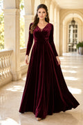 Burgundy V-Neck Velvet A-Line Formal Dress with Long Sleeves and Floor Length Skirt front view