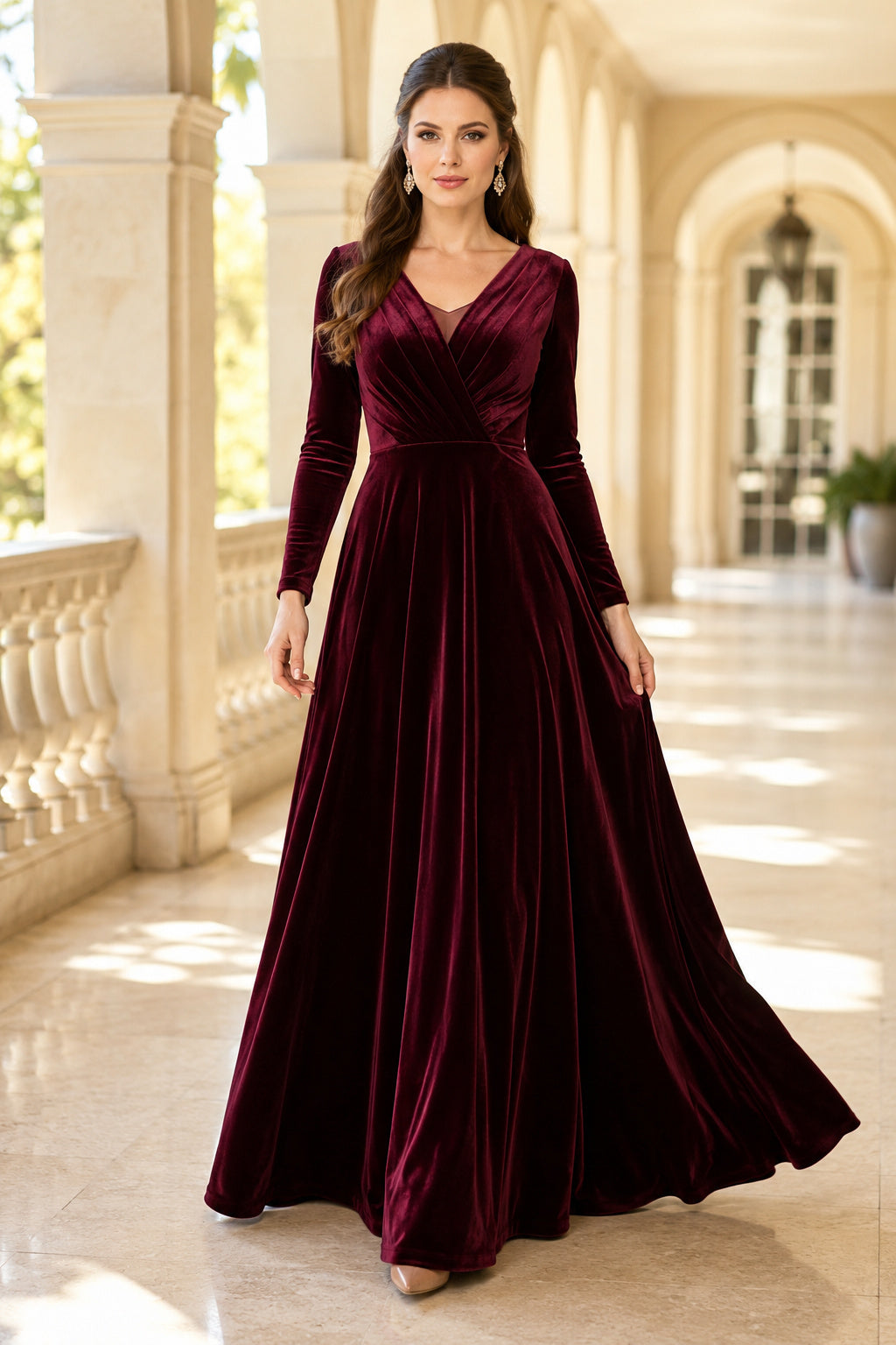 Burgundy V-Neck Velvet A-Line Formal Dress with Long Sleeves and Floor Length Skirt front view