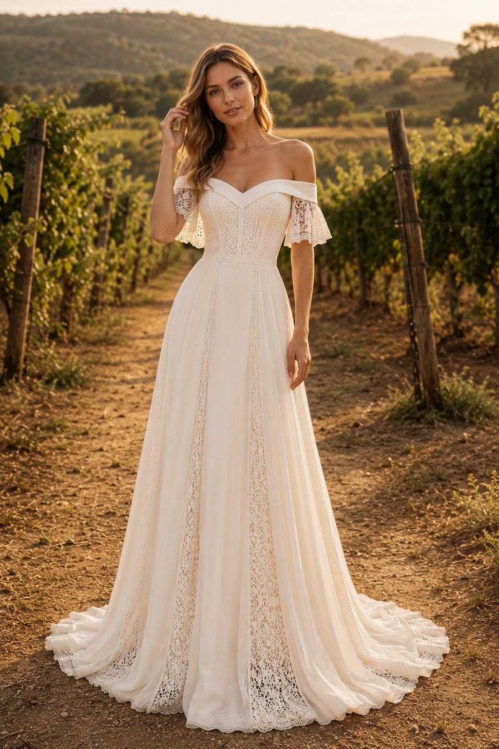 Ivory Off-the-Shoulder Chiffon A-Line Wedding Dress with Lace Trim and Soft Train front view