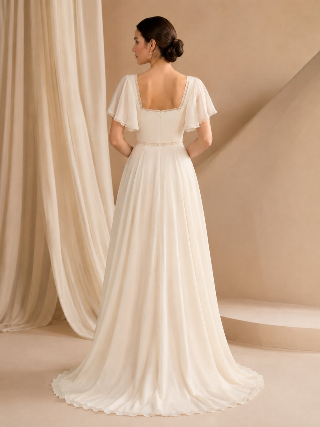 Square Neck Flutter Sleeve Simple Studio A-Line Wedding Dress back view