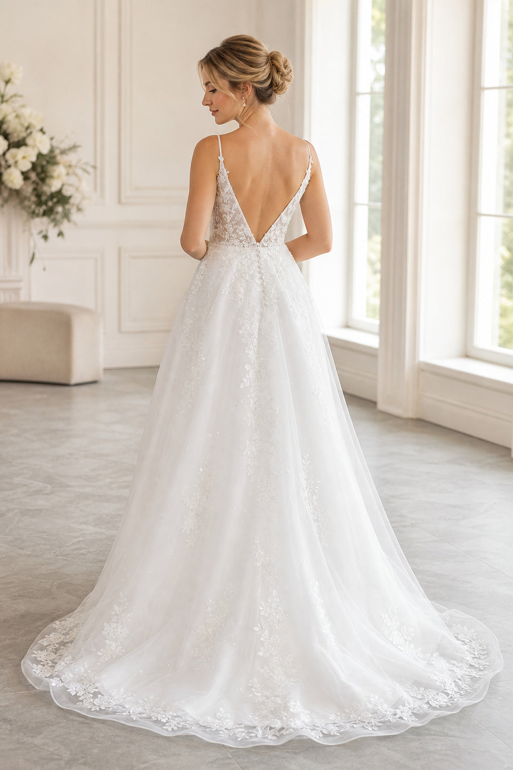 White Square A-Line Satin Floor-length Wedding Dress With Beaded Waist and Floral Appliques and Open Back