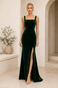 Dark Green Square Neck Velvet Sheath Evening Dress with Wide Straps and Front Slit front view
