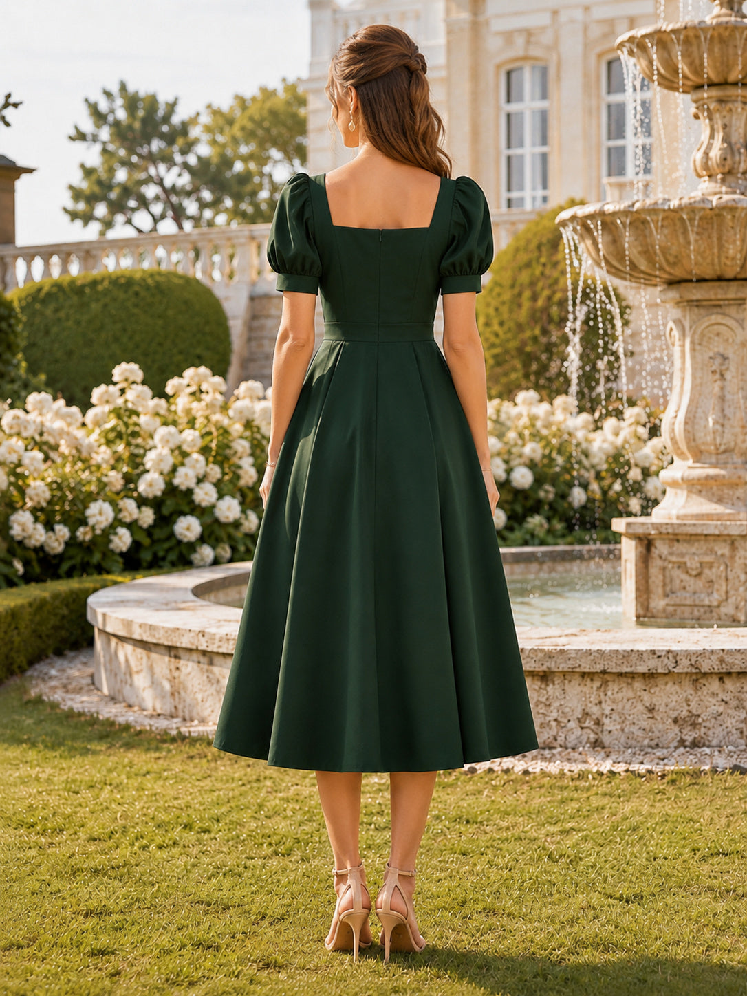 Dark Green Square Neck Puff Sleeve Satin Tea Guest Dress back view