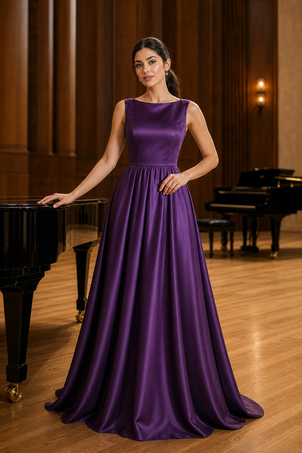 Purple Bateau Sleeveless A-Line Satin Floor-Length Dress With Pleated Bodice