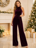Burgundy Draped Halter Sleeveless Belted Velvet Wide Leg Floor Length Party Jumpsuit front view