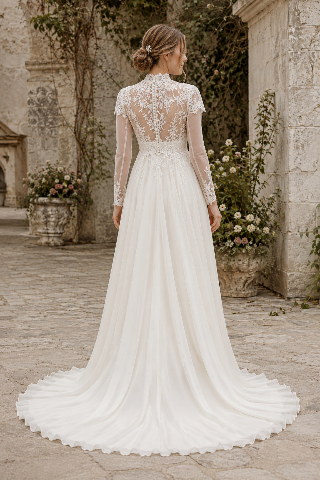 Ivory Modest High Neck A-Line Soft Tulle Wedding Dress with Long Lace Sleeves and Sweep Train back view
