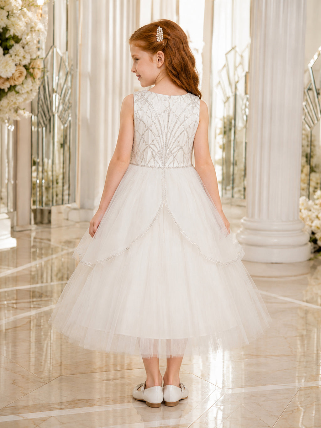 White Flower Girl Dress with Silver Beaded Sleeveless Bodice, Ankle-Length A-Line Tulle Skirt and Curved Tiered Overskirt bac