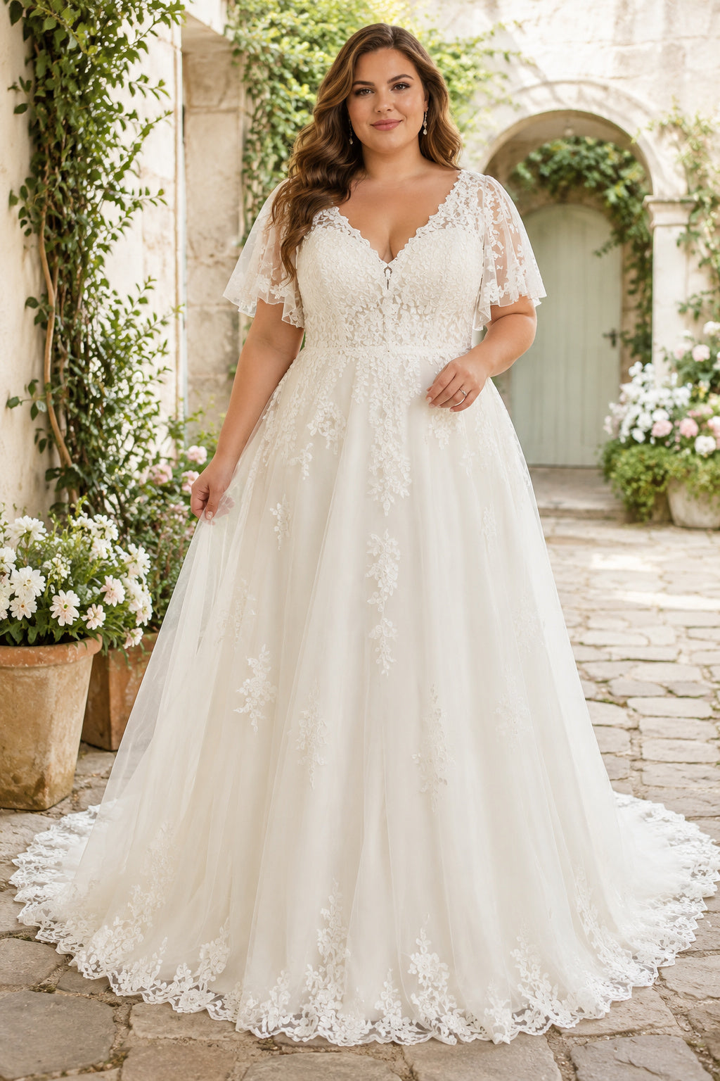 Ivory Plus Size V-Neck Lace A-Line Wedding Dress with Flutter Sleeves and Scalloped Train Style MG_700546 front view