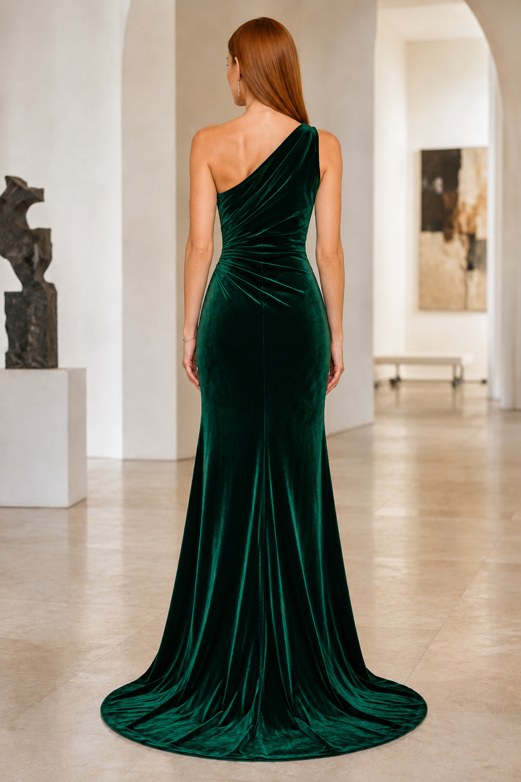 Dark Green One-Shoulder Velvet Mermaid Evening Dress with Ruched Bodice and Sweep Train back view