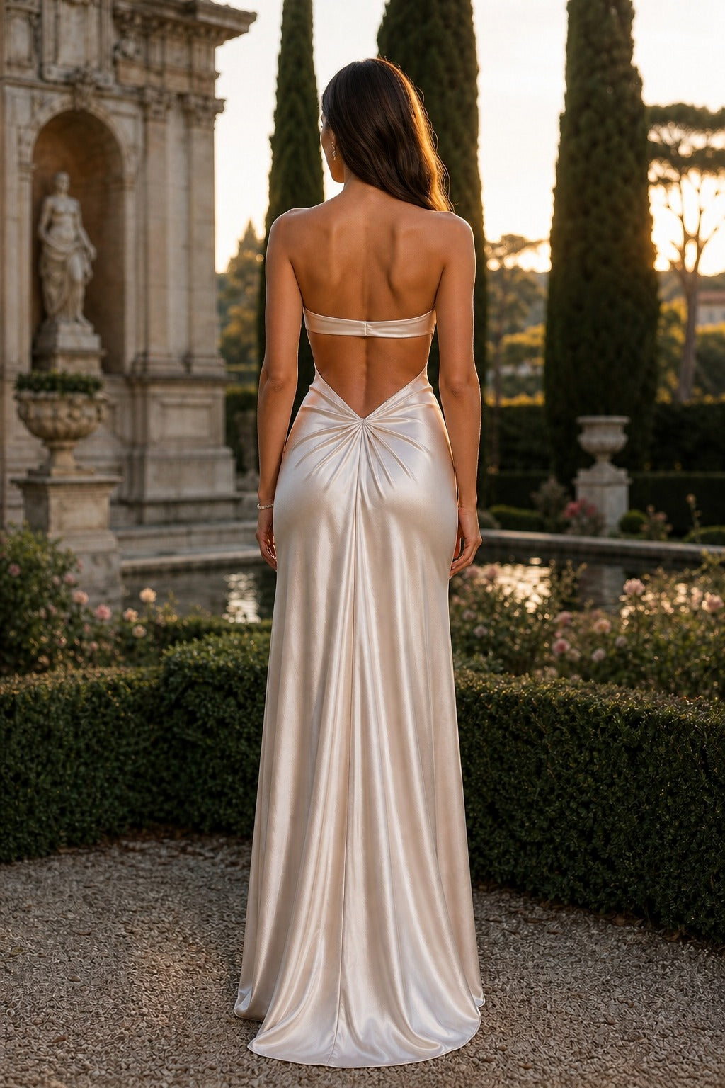 Ivory Strapless Floor-Length Satin Sheath Dress