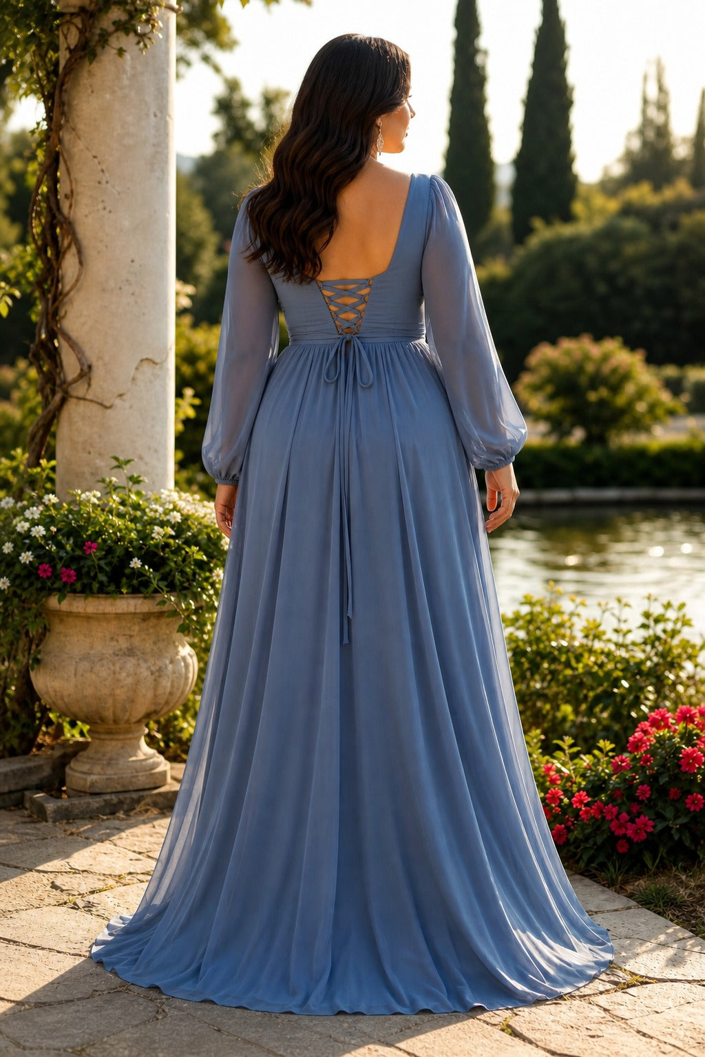 Dusty Blue V-Neck Floor-Length Chiffon A-Line Dress