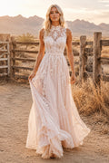 Blushing Pink Sleeveless High Neck Lace A-Line Wedding Dress with Illusion Back front view