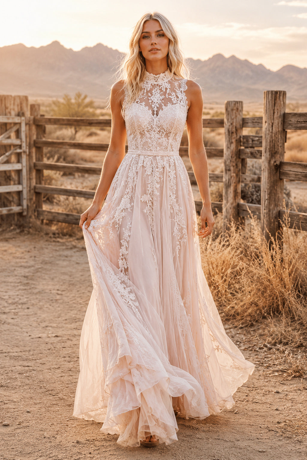 Blushing Pink Sleeveless High Neck Lace A-Line Wedding Dress with Illusion Back front view