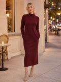 Burgundy Turtleneck Long Sleeve Knit Pencil Midi Dress front view