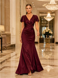 Burgundy V Neck Satin Flutter Sleeve Evening Dress front view