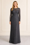 Charcoal Bateau Long Sleeve Sheath Lace Floor-Length Dress