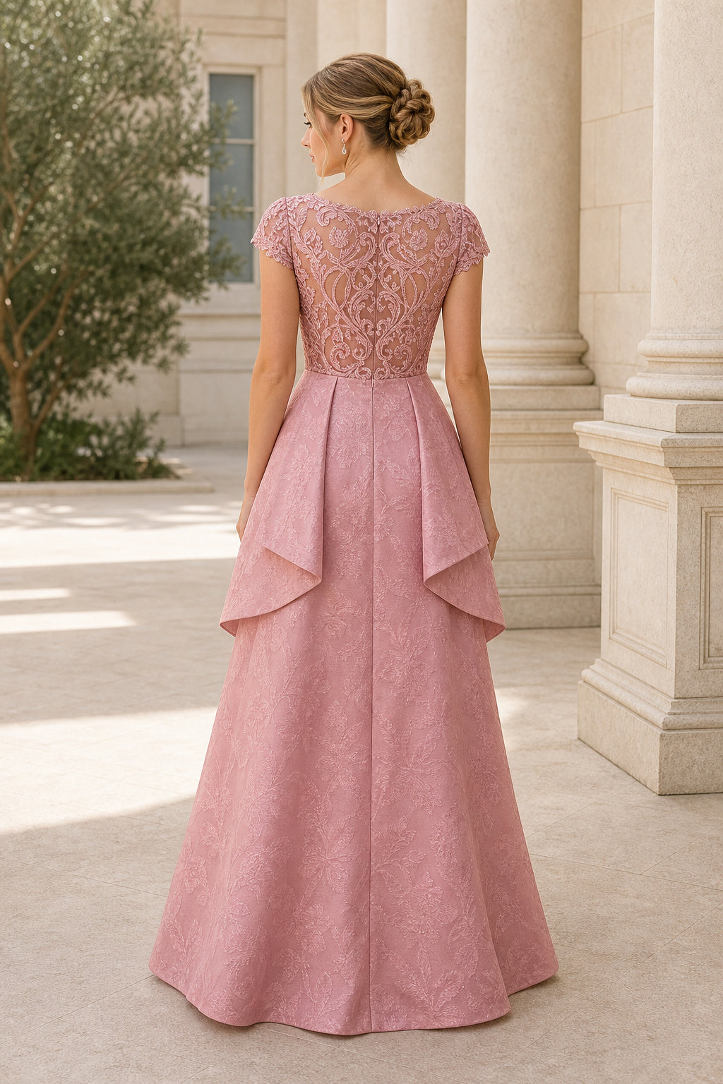 Dusty Rose Cap Sleeve A-Line Lace Floor-Length Dress With Tiered Overlay
