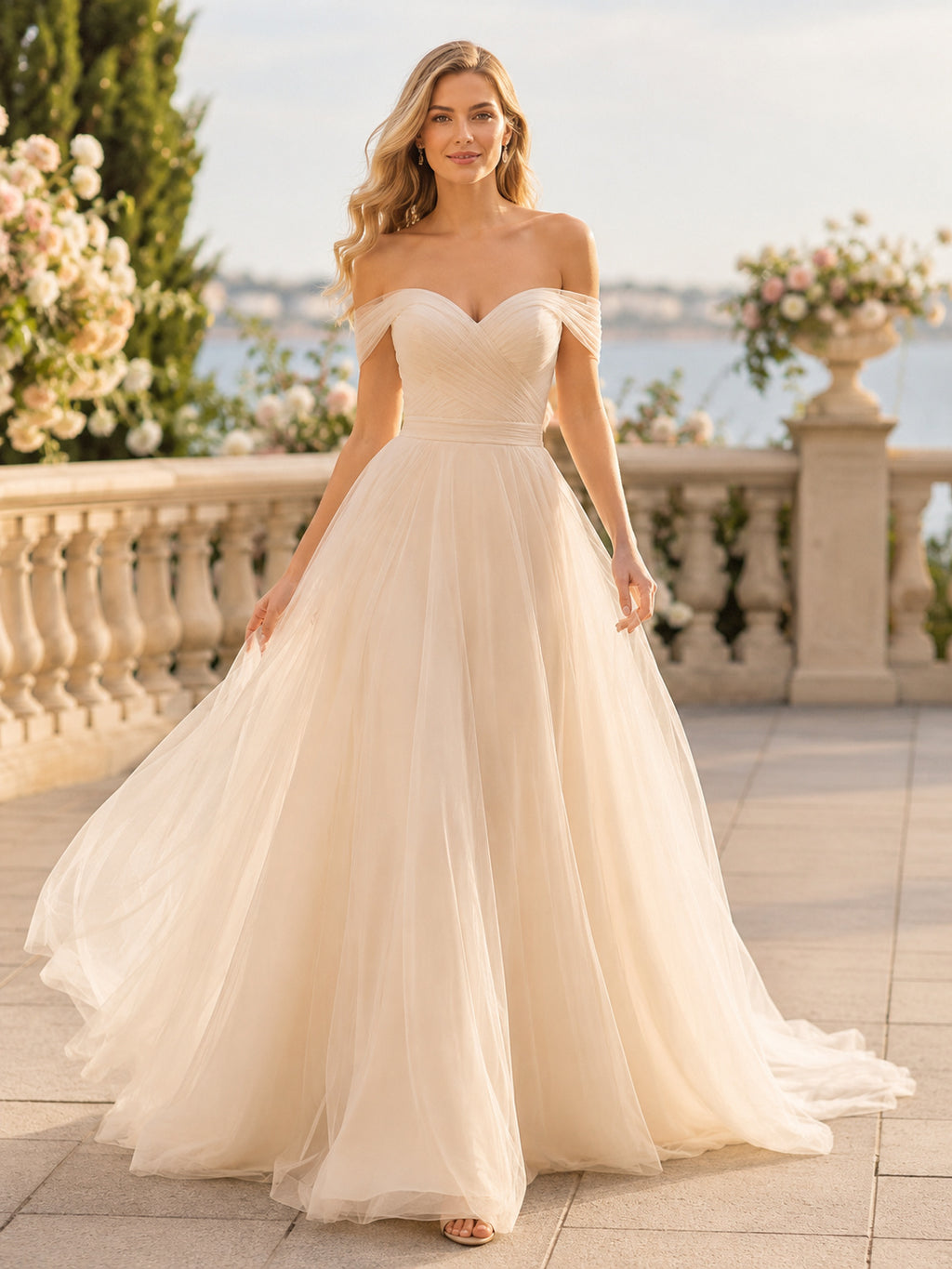 Champagne Off Shoulder Draped Tulle A Line Bridal Gown front view