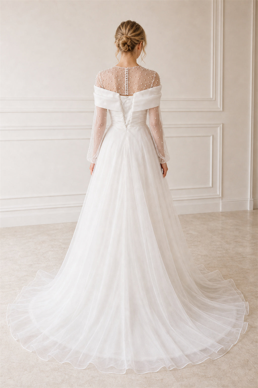 White Illusion Long Sleeves A-Line Crepe Floor-length Wedding Dress With Sweep Train and Open Back Lace Hem Detail