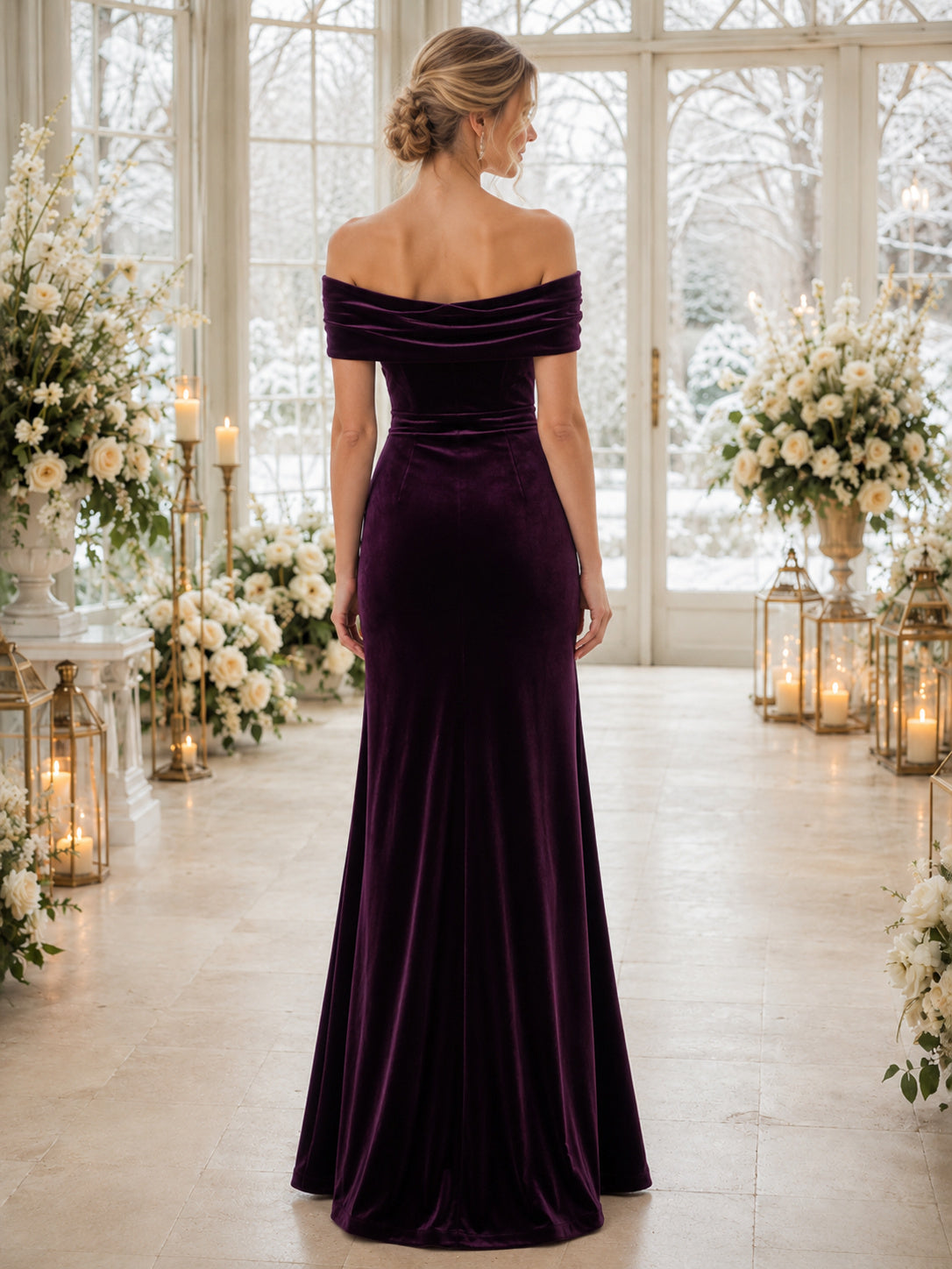 Plum Off Shoulder Velvet Mermaid Winter Wedding Guest Dress back view