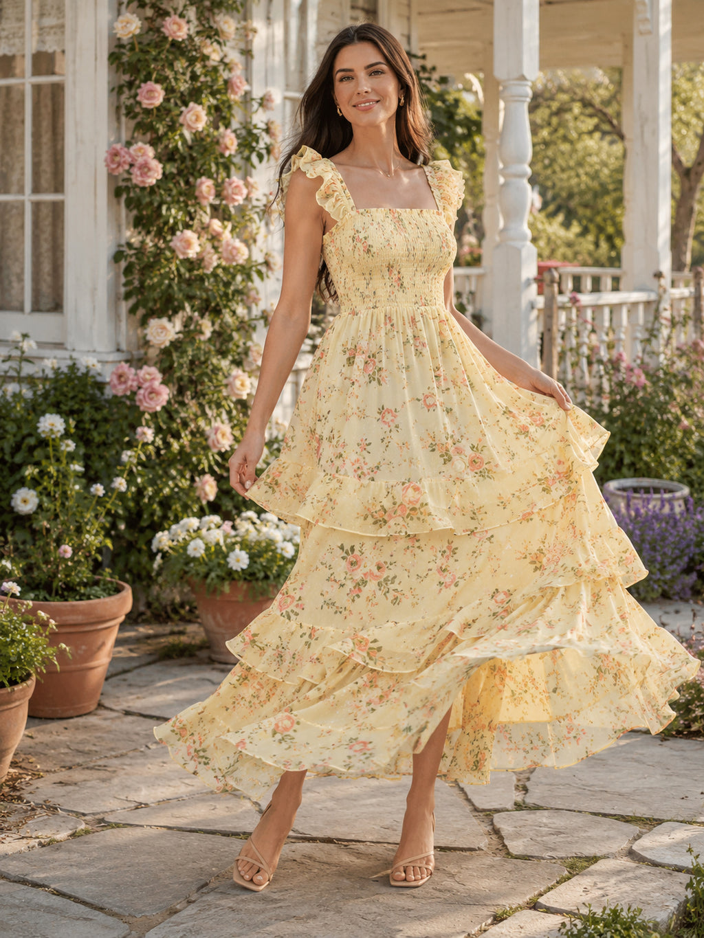 Pale Yellow Floral Square Neck Tiered Maxi Dress front view