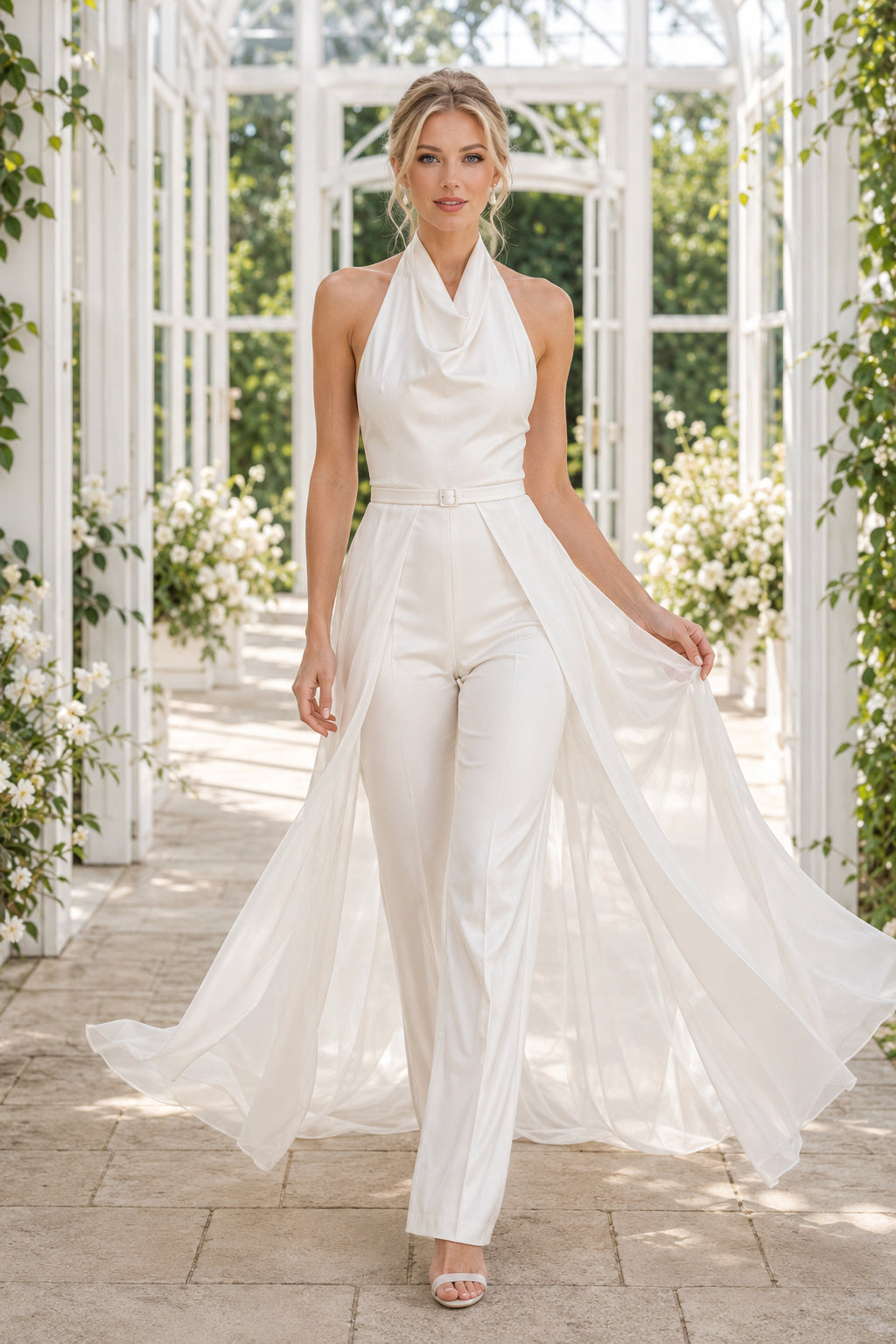 Ivory Halter Draped Wedding Jumpsuit with Tulle Overskirt front view
