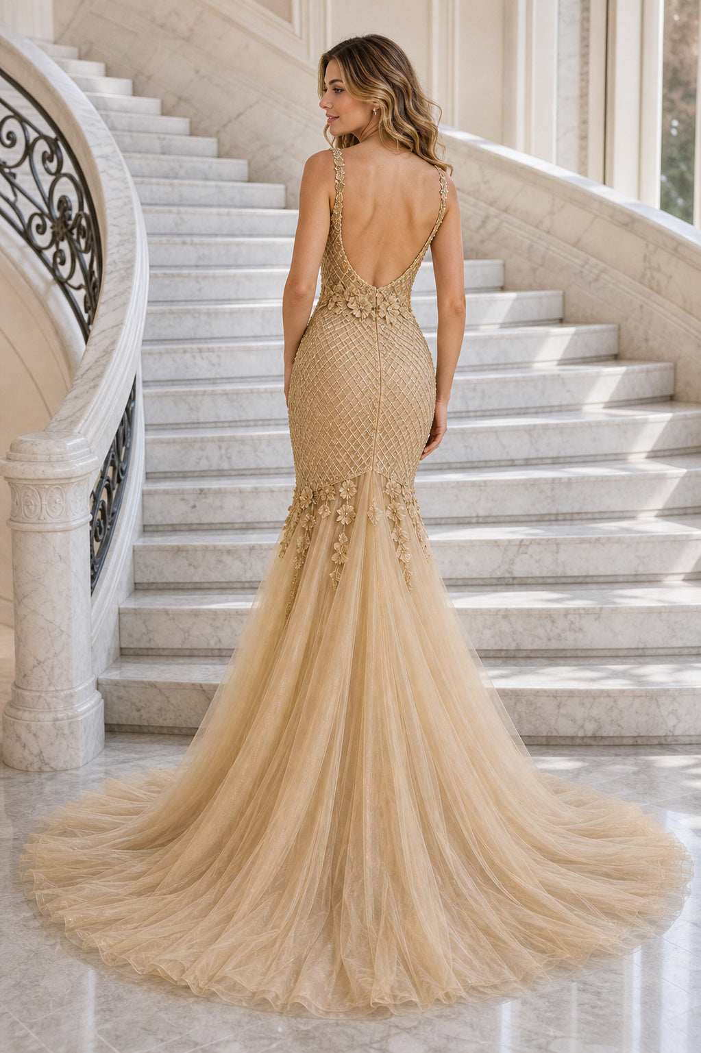 Gold V-neck Mermaid Lace, Tulle Floor-length Formal Dress With Lace and Train and Open Back