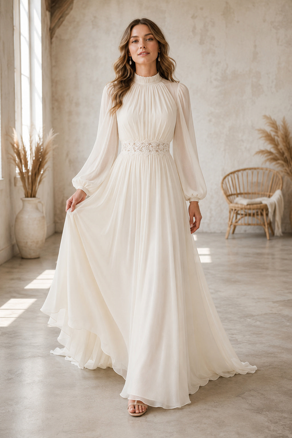 Ivory Simple High Neck A-Line Chiffon Wedding Dress with Long Poet Sleeves and Sweep Train front view