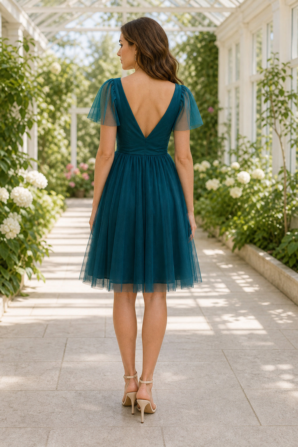 Teal V-neck Cap Sleeve A-Line Tulle Knee-Length Dress With Layered Skirt
