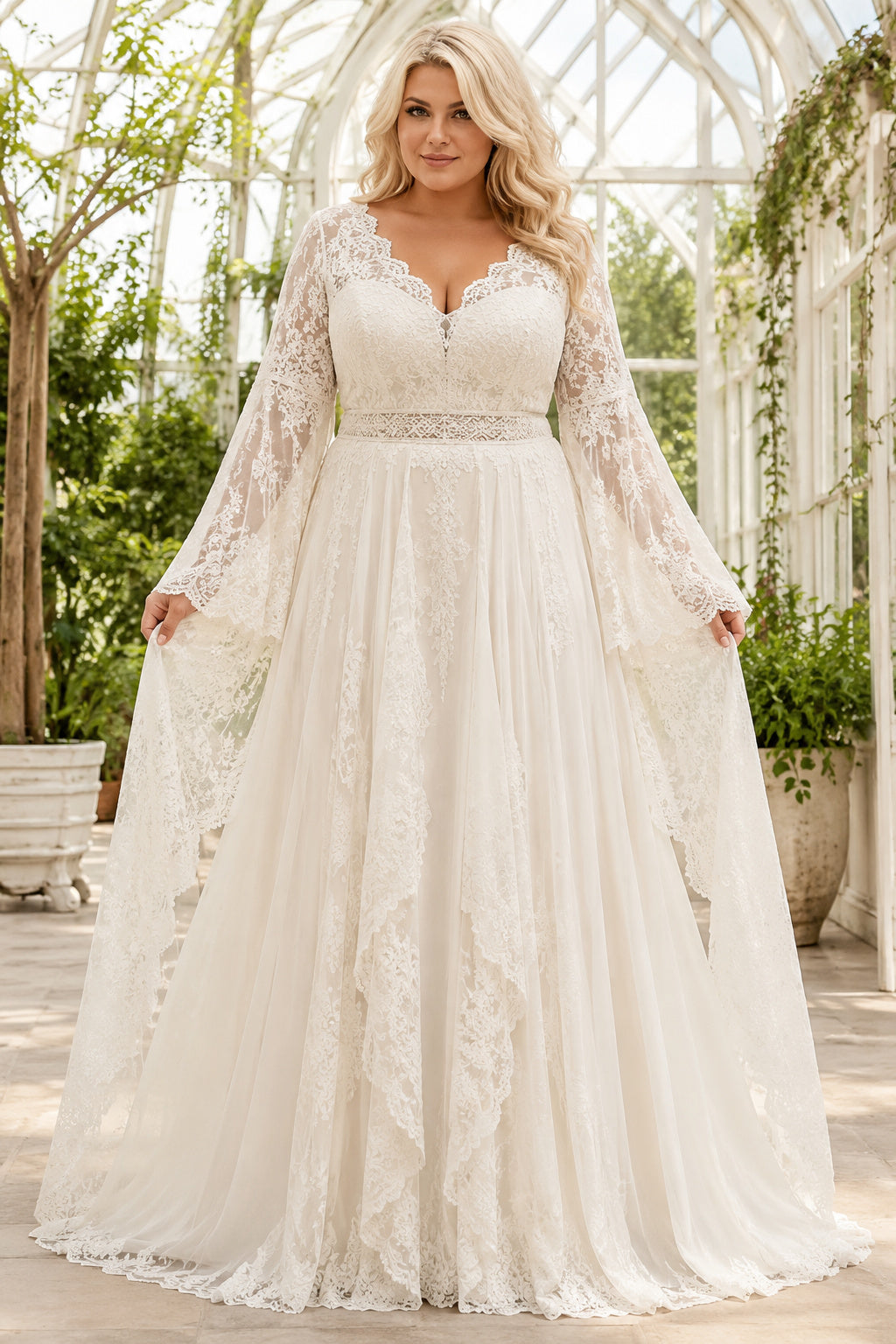 Plus Size Ivory V-Neck Bell Sleeve Lace Tulle A-Line Wedding Dress with Bell Sleeves and Lace Sweep Train front view