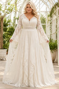 Plus Size Ivory V-Neck Bell Sleeve Lace Tulle A-Line Wedding Dress with Bell Sleeves and Lace Sweep Train front view