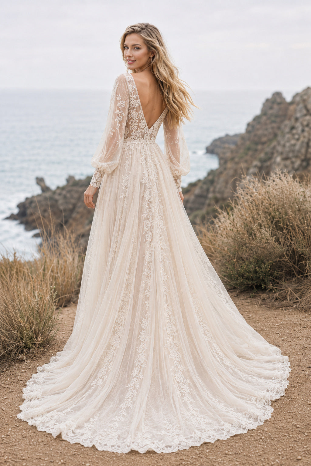 Ivory Long Bell Sleeve V-Neck Lace A-Line Wedding Dress Train for Wedding Ceremony and Reception Style MG_701500 back view
