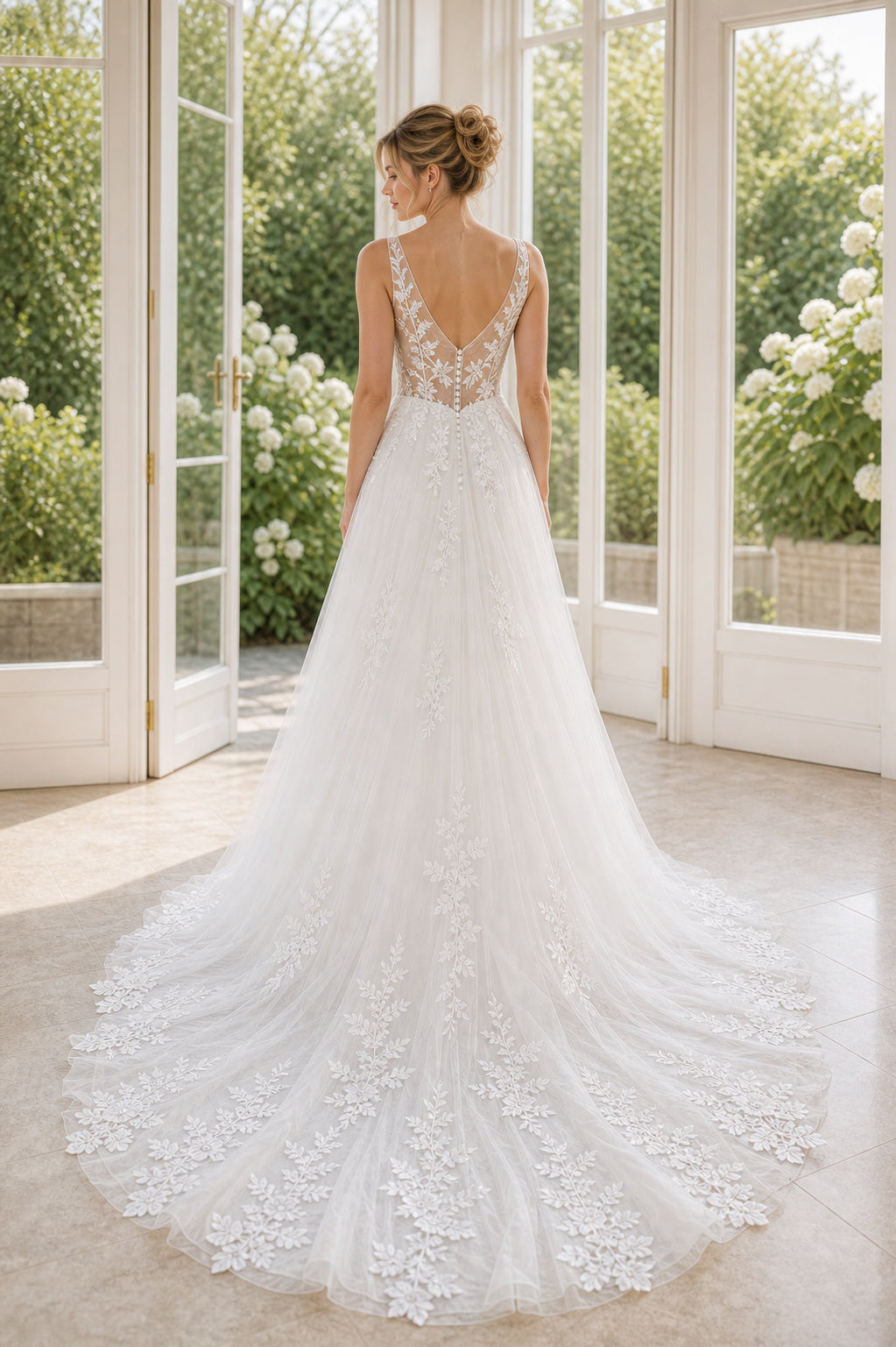 Ivory Bateau Short Sleeves A-Line Crepe Floor-length Wedding Dress With Floral Appliques and Front Slit and Open Back
