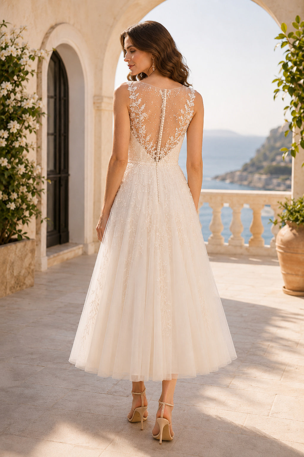 Ivory Sweetheart Strap Sleeveless Lace Tulle Tea-Length Wedding Dress with Illusion Lace Back and Soft Tulle Skirt back view
