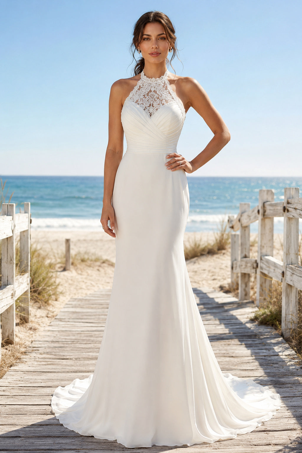 White Halter High Neck Stretch Satin Mermaid Wedding Dress Lace Bodice for Bridal Ceremony and Reception front view