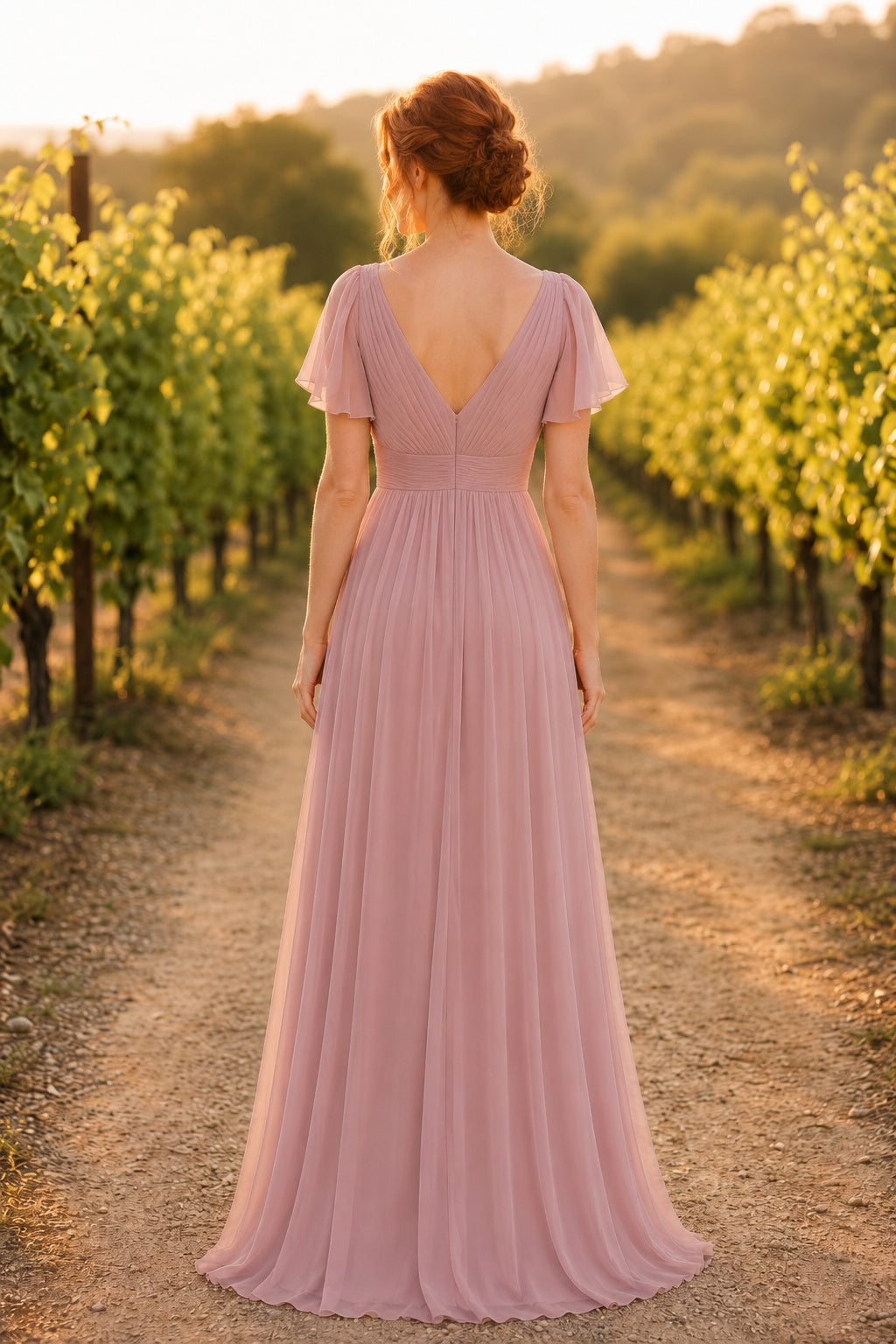 Dusty Rose V-Neck Chiffon A-Line Bridesmaid Dress with Flutter Sleeves and Empire Waist back view