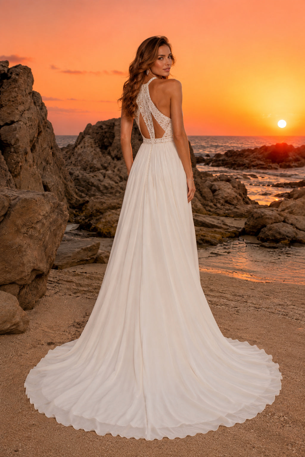 Ivory Halter V-Neck Chiffon A-Line Wedding Dress Side Cutout Back for Bridal Ceremony and Reception back view