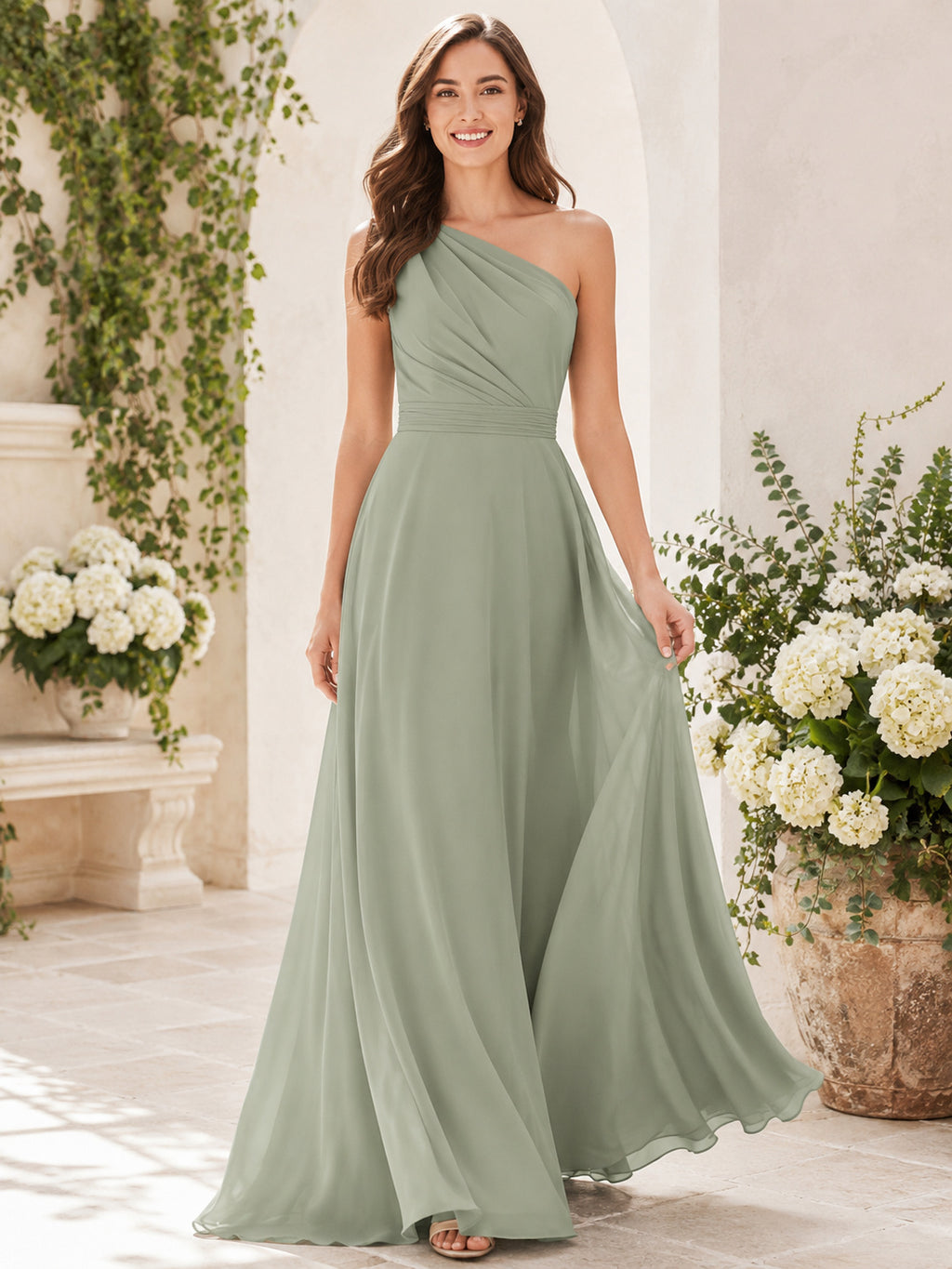 Sage one shoulder chiffon floor length A-line bridesmaid dress front view