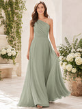 Sage one shoulder chiffon floor length A-line bridesmaid dress front view
