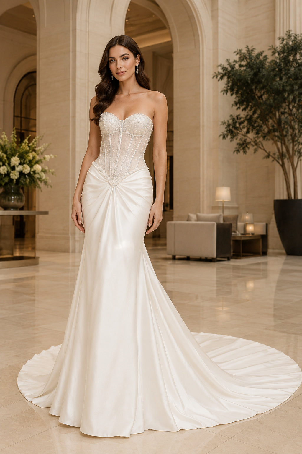 Satin Wedding Dress Mermaid Strapless Sweetheart Sweep Train Bridal Gown Style 721264 front view