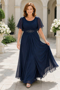 Dark Navy Scoop Neck A-Line Mother Dress with Flutter Sleeves and Beaded Waist for Evening Reception front view