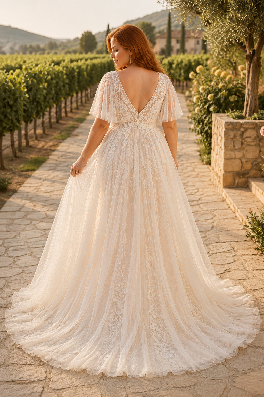 Plus Size V-Neck Flutter Sleeve Lace A-Line Wedding Dress with Sweep Train back view