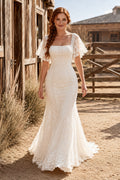 Square Neck Lace Mermaid Wedding Dress with Flutter Sleeves and Sweep Train for Rustic Garden Ceremony front view