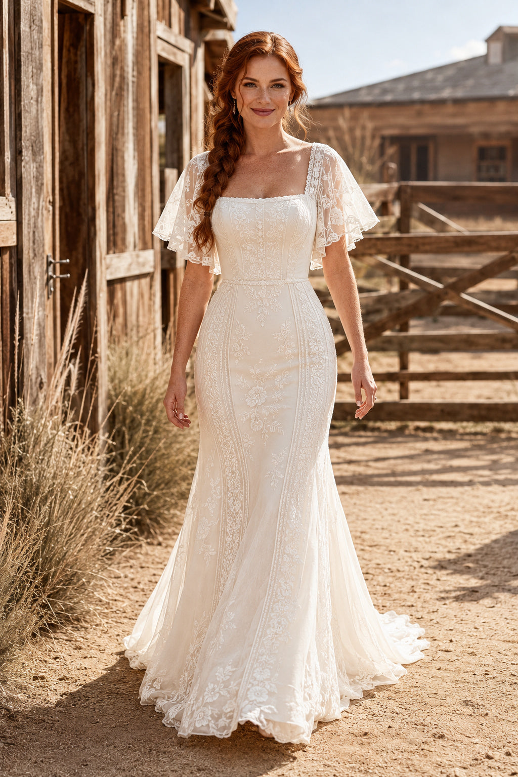 Square Neck Lace Mermaid Wedding Dress with Flutter Sleeves and Sweep Train for Rustic Garden Ceremony front view
