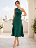 Formal Elegant Jade One Shoulder Asymmetric Satin Midi Guest Dress front view