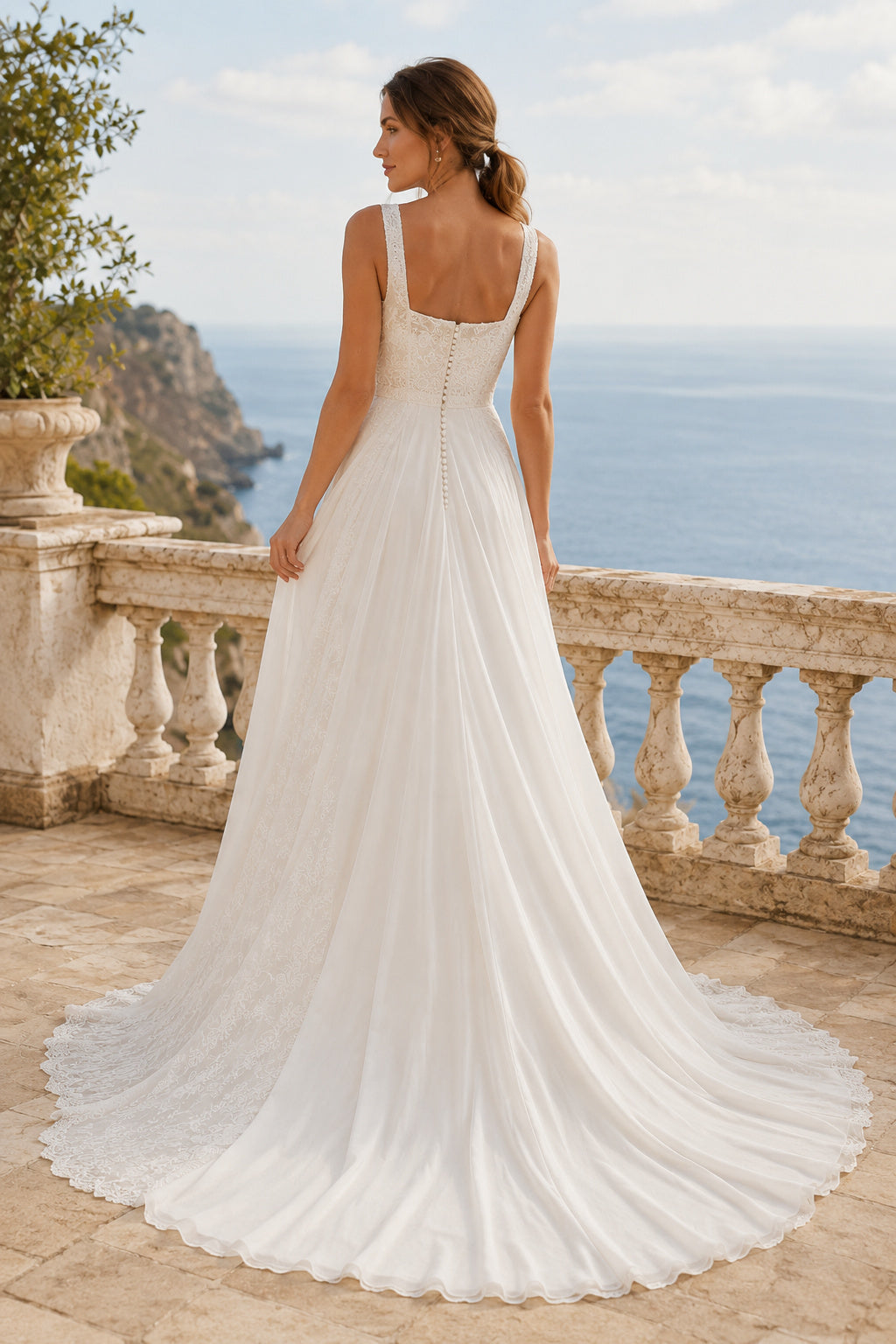 White Square Strap Satin A-Line Wedding Dress Sweep Train for Wedding Ceremony and Reception back view